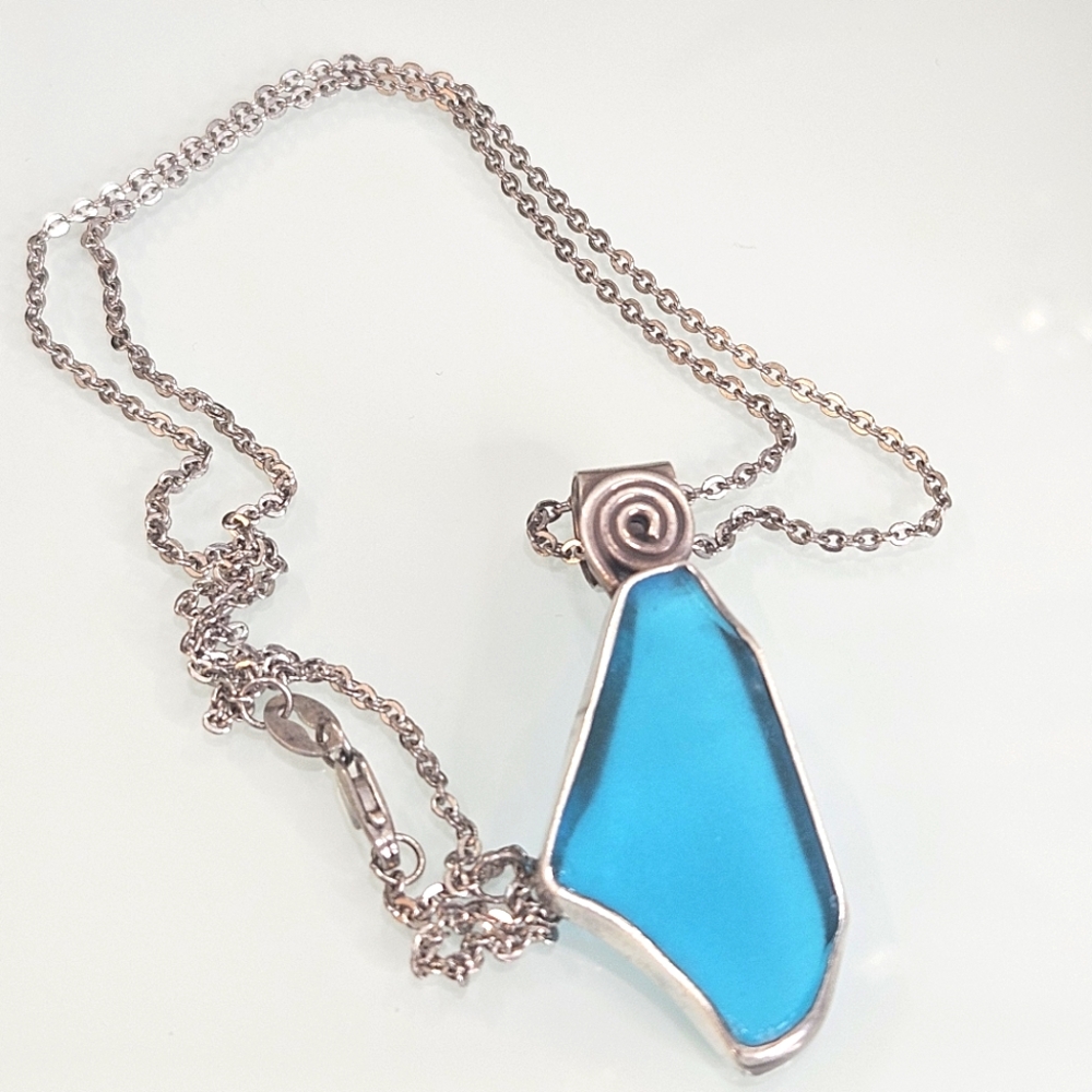 Vintage Sterling Silver Designer Signed KRYSTYNA'S Blue Seaglass Necklace